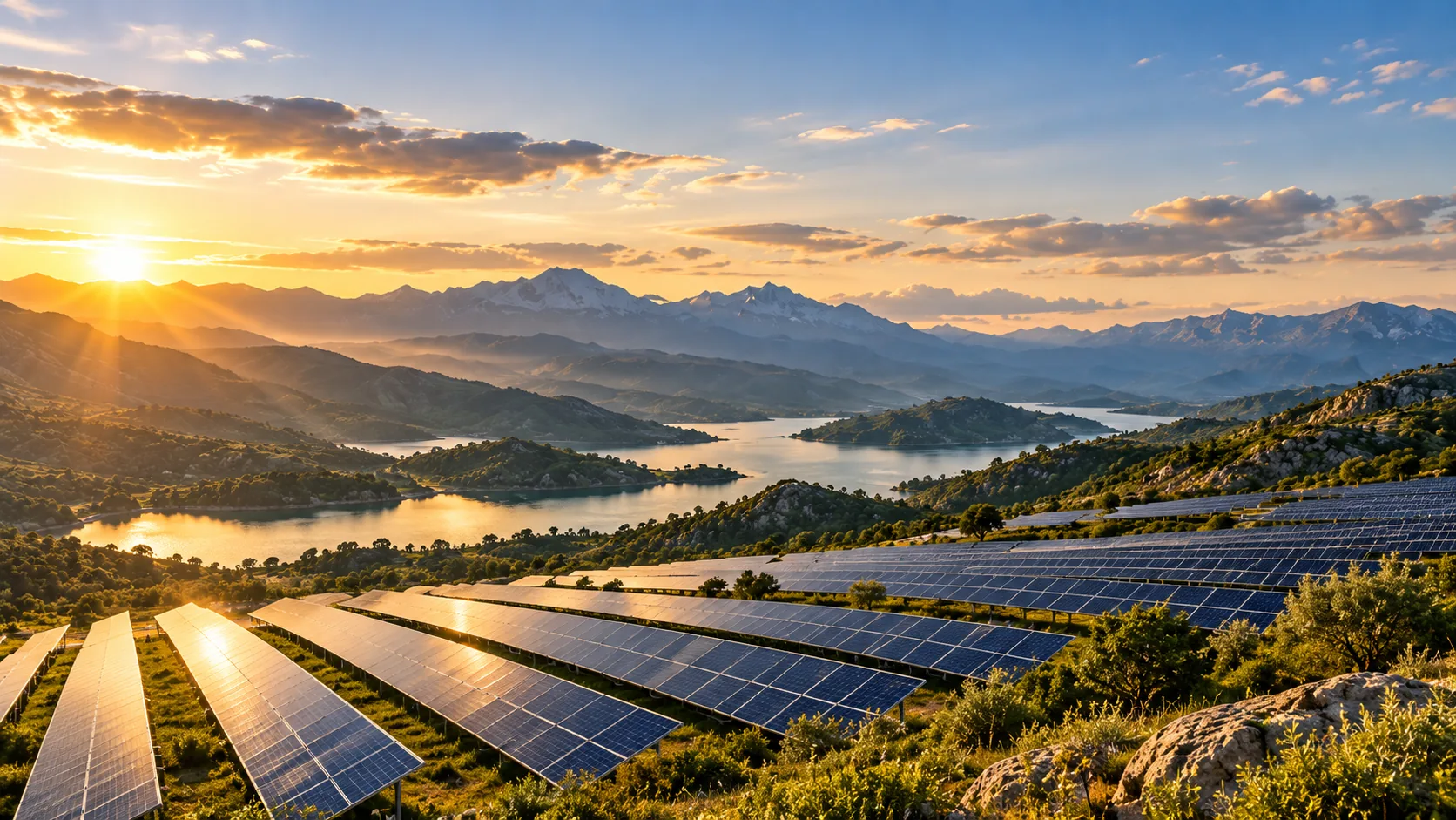 Paneles solares en paisaje montañoso